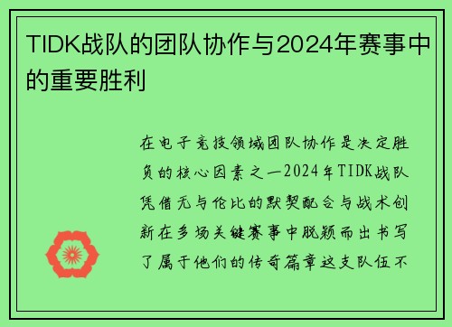 TIDK战队的团队协作与2024年赛事中的重要胜利